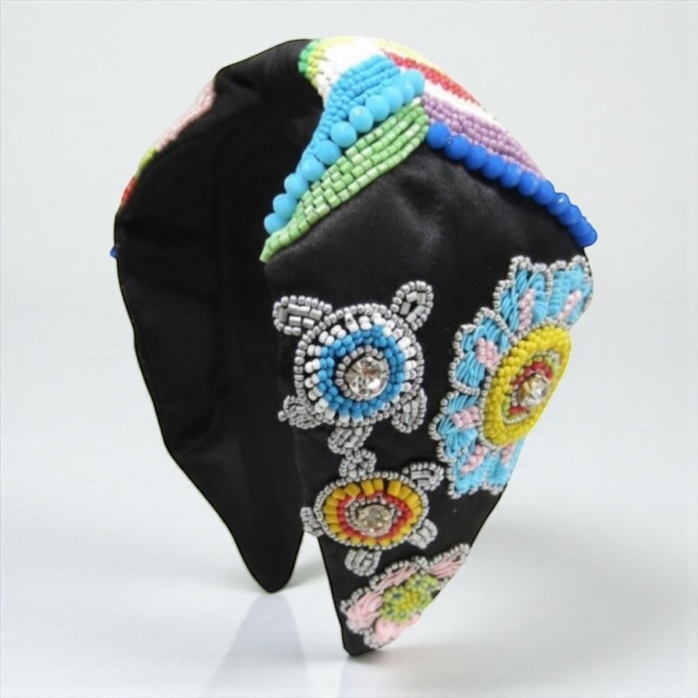 Black Beaded Floral Headband Swarovski Crystal Rainbow Statement NWT